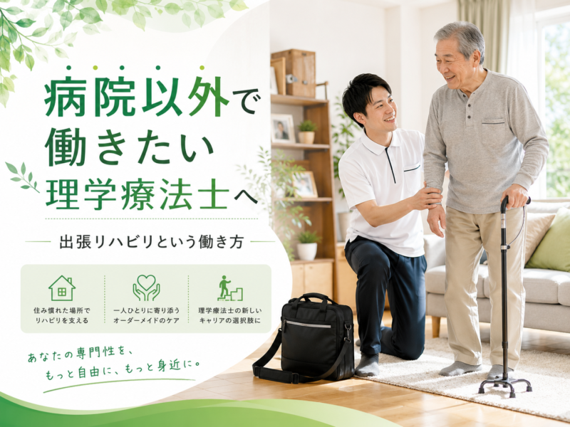 病院以外で働きたい理学療法士へ。出張リハビリ・自費訪問リハビリでは、利用者の自宅や施設で生活に直結した支援ができます。病院勤務との違いや仕事内容、向いている理学療法士、出張リハビリで働く魅力についてHabiFillが解説します。
