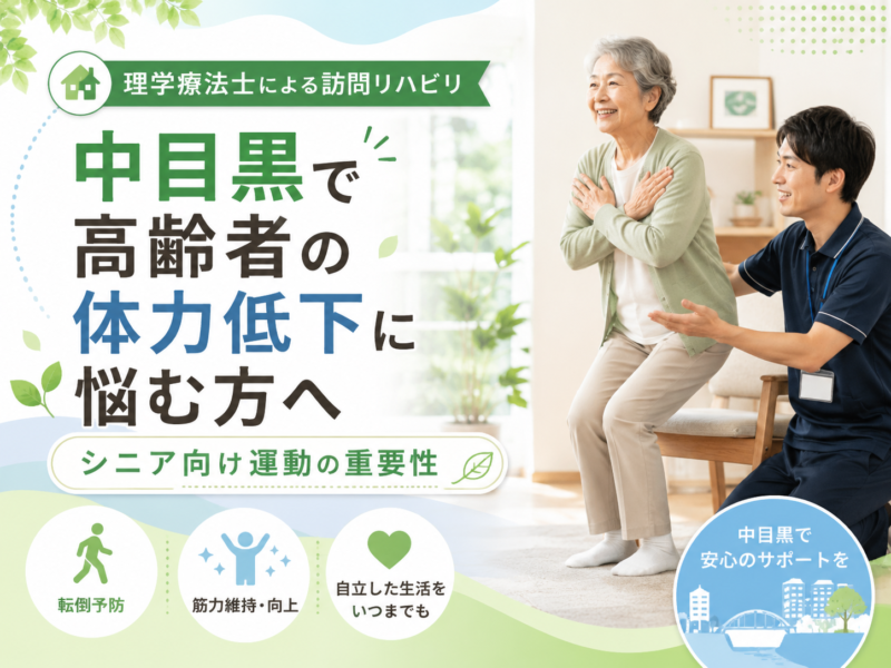 中目黒で「以前より疲れやすくなった」「歩く距離が短くなった」「外出後にぐったりする」「親の体力低下が心配」と感じている方へ。 高齢になると、筋力、持久力、バランス能力、柔軟性は少しずつ低下しやすくなります。特に外出機会の減少、入院後の活動量低下、膝痛や股関節痛、脳梗塞後やパーキンソン病などの影響がある場合、体力低下が進みやすくなることがあります。